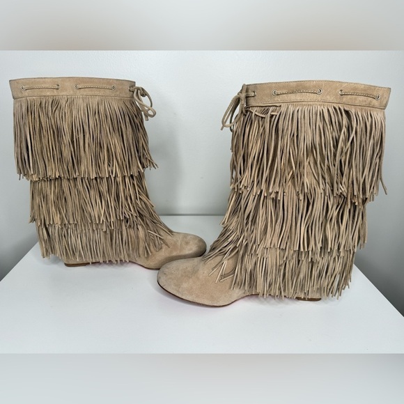 Christian Louboutin Pina Tan Suede Flat Fringe Wedge Boots- Boho Chic - Picture 1 of 10